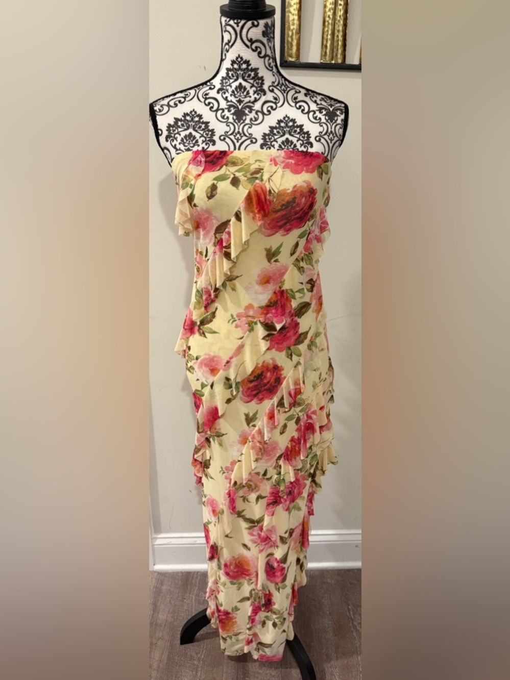 Sincerely Jules Floral Strapless Ruffle Maxi Dress in Yellow and Pink